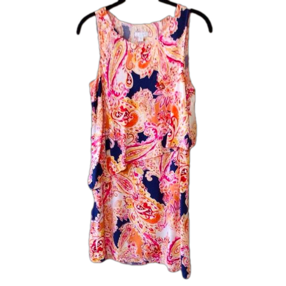J. Jill Sleeveless Asymmetrical Overlay Paisley Rayon Dress Orange Pink Blue SP